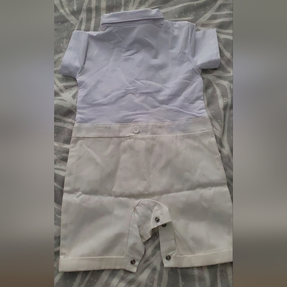 Baby Formal Baptismal or Wedding White Romper with Bow Tie with Suspenders - Picture 3 of 7